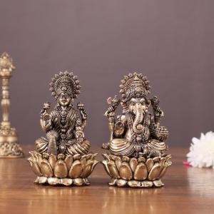 Pure Brass Intricate Superfine Ganesha-Lakshmi Idol Pair - 3" Height